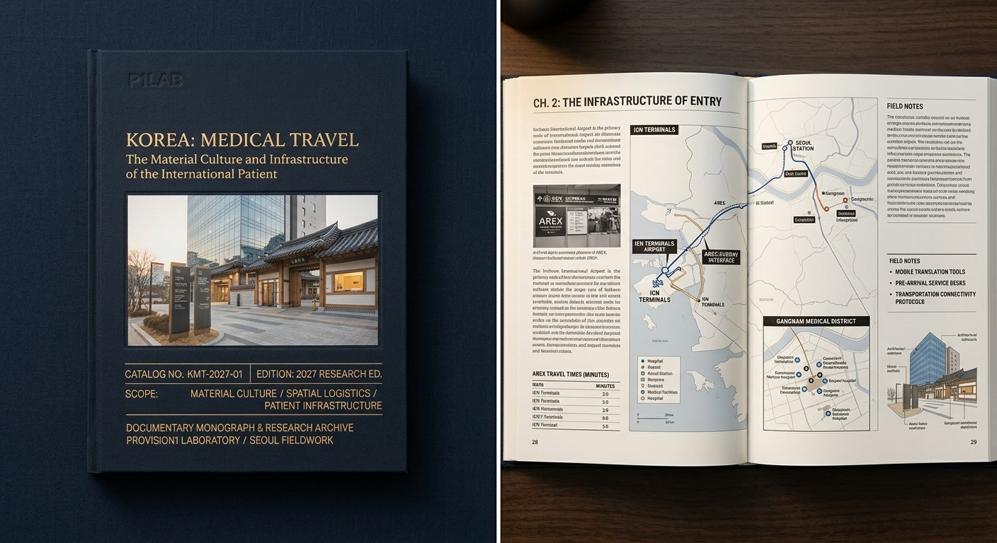 Second preliminary design study for KOREA: MEDICAL TRAVEL showing the physical publication and interior editorial architecture.