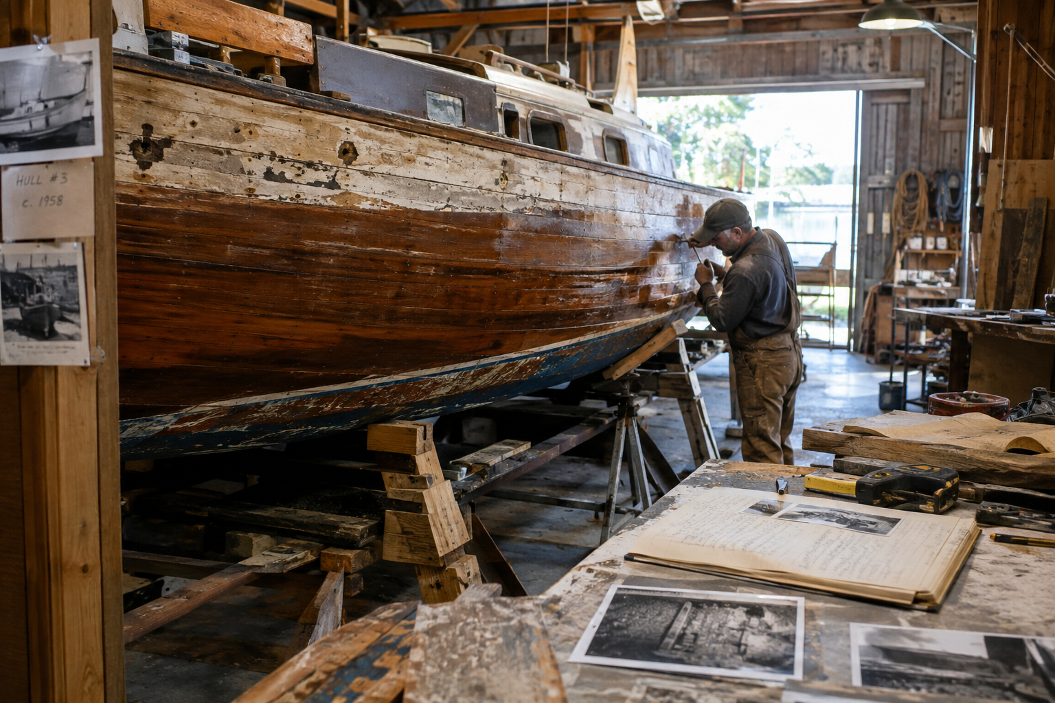 Illustrative production mockup of documentary photography made during an active restoration process